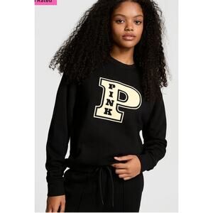 3501) PINK Victoria Secret Black Ivy Fleece Classic Crew Sweatshirt Large